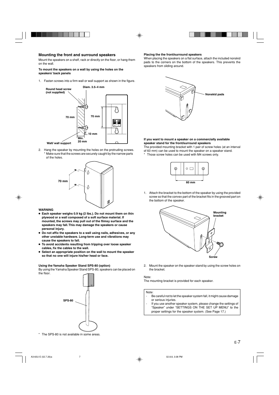 Mounting the front and surround speakers | Yamaha DVX-S60 User Manual | Page 11 / 31