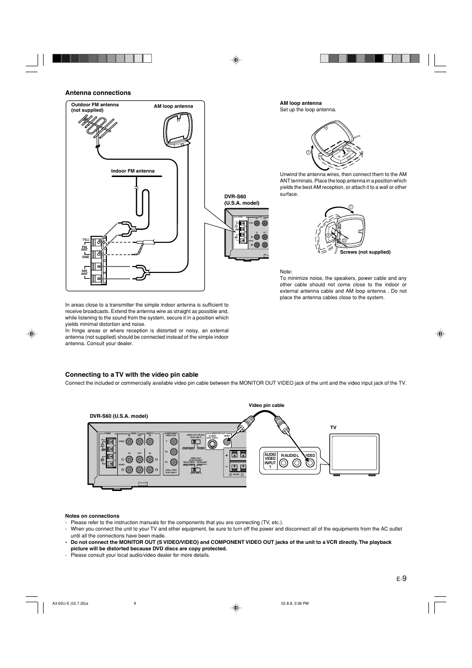 Antenna connections, Connecting to a tv with the video pin cable, Dvr-s60 | Dvr-s60 (u.s.a. model), Screws (not supplied), Tv video pin cable | Yamaha DVX-S60 User Manual | Page 13 / 31