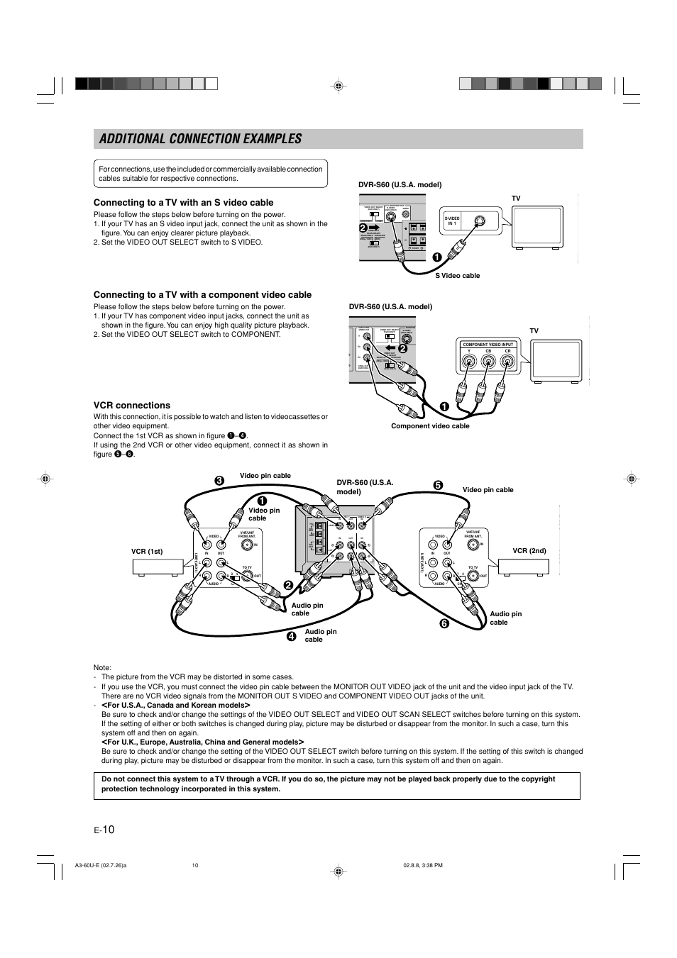 Additional connection examples, Connecting to a tv with an s video cable, Connecting to a tv with a component video cable | Vcr connections, Dvr-s60 (u.s.a. model), For u.s.a., canada and korean models, S video cable component video cable tv, Vcr (1st) vcr (2nd), Video pin cable audio pin cable | Yamaha DVX-S60 User Manual | Page 14 / 31