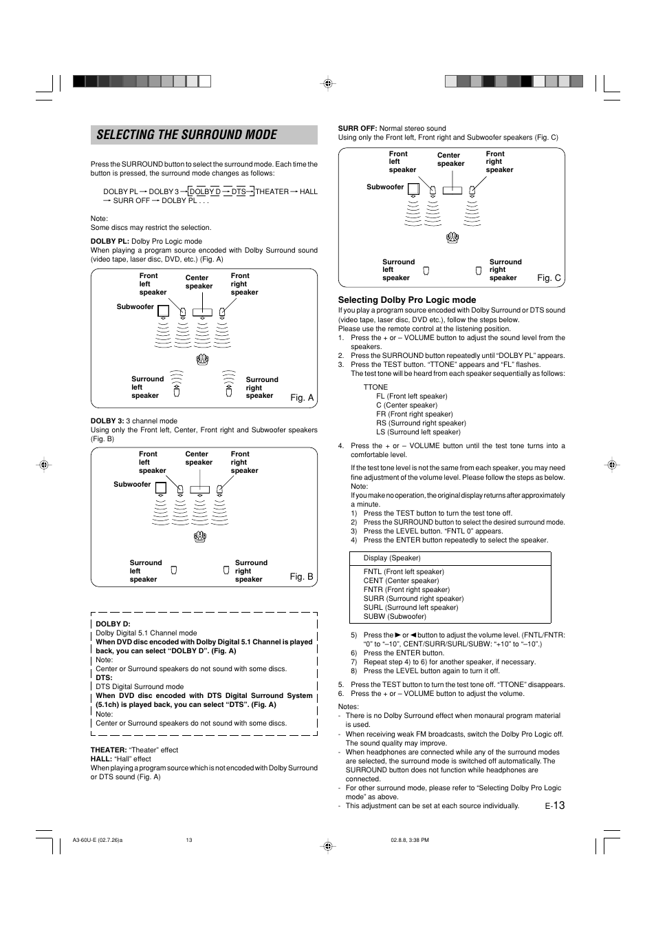 Selecting the surround mode, Selecting dolby pro logic mode | Yamaha DVX-S60 User Manual | Page 17 / 31