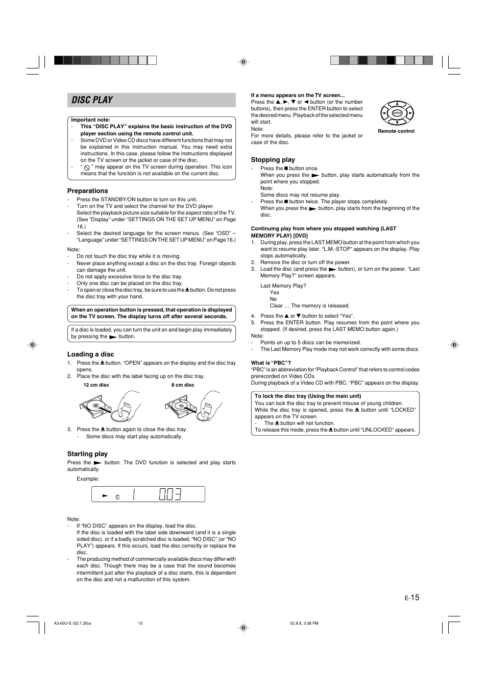 Disc play, Preparations, Loading a disc | Starting play, Stopping play | Yamaha DVX-S60 User Manual | Page 19 / 31