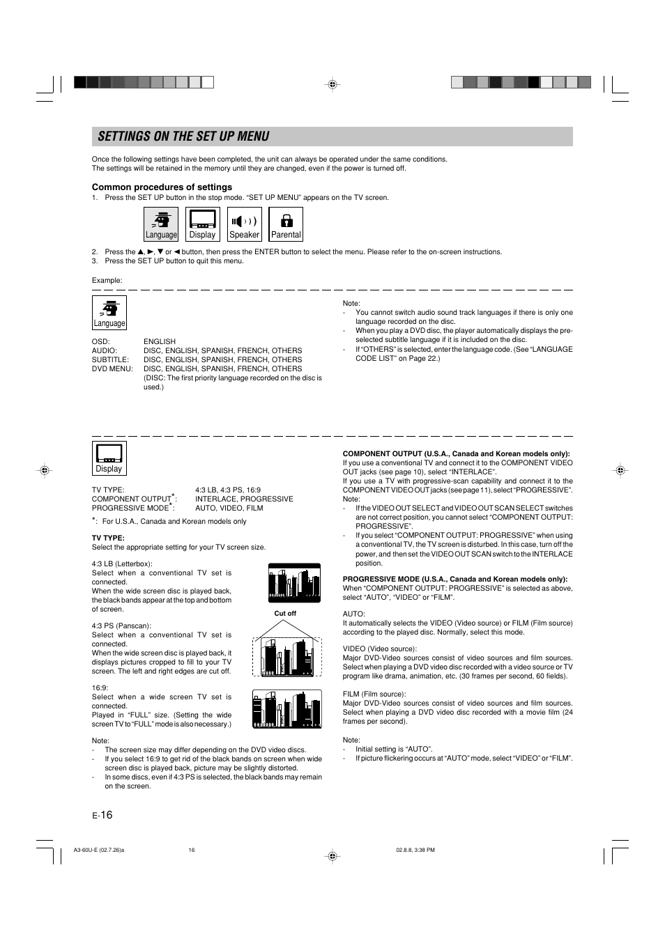 Settings on the set up menu, Common procedures of settings, Language | Display | Yamaha DVX-S60 User Manual | Page 20 / 31