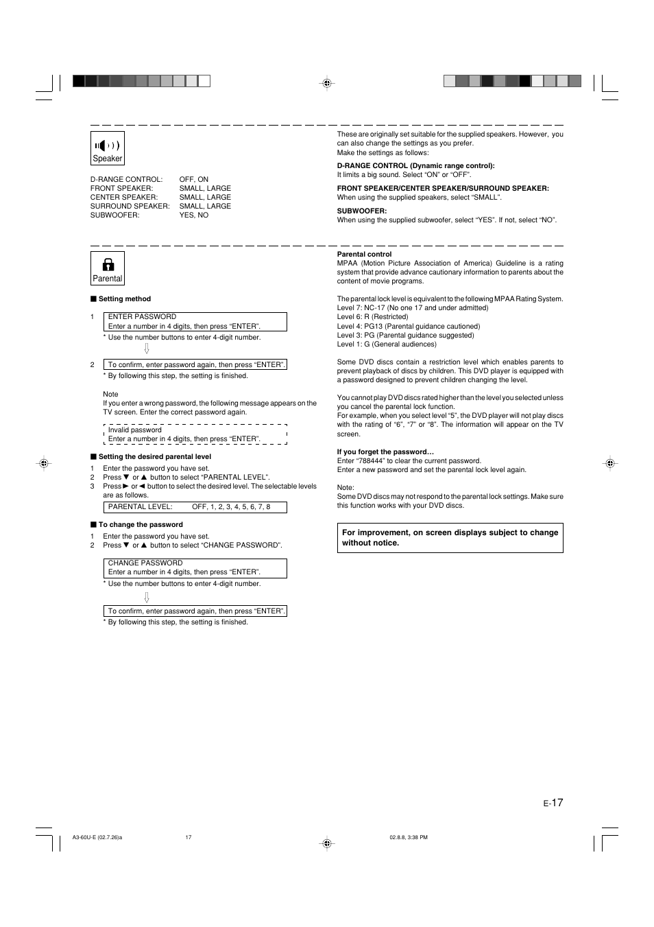 Speaker, Parental | Yamaha DVX-S60 User Manual | Page 21 / 31