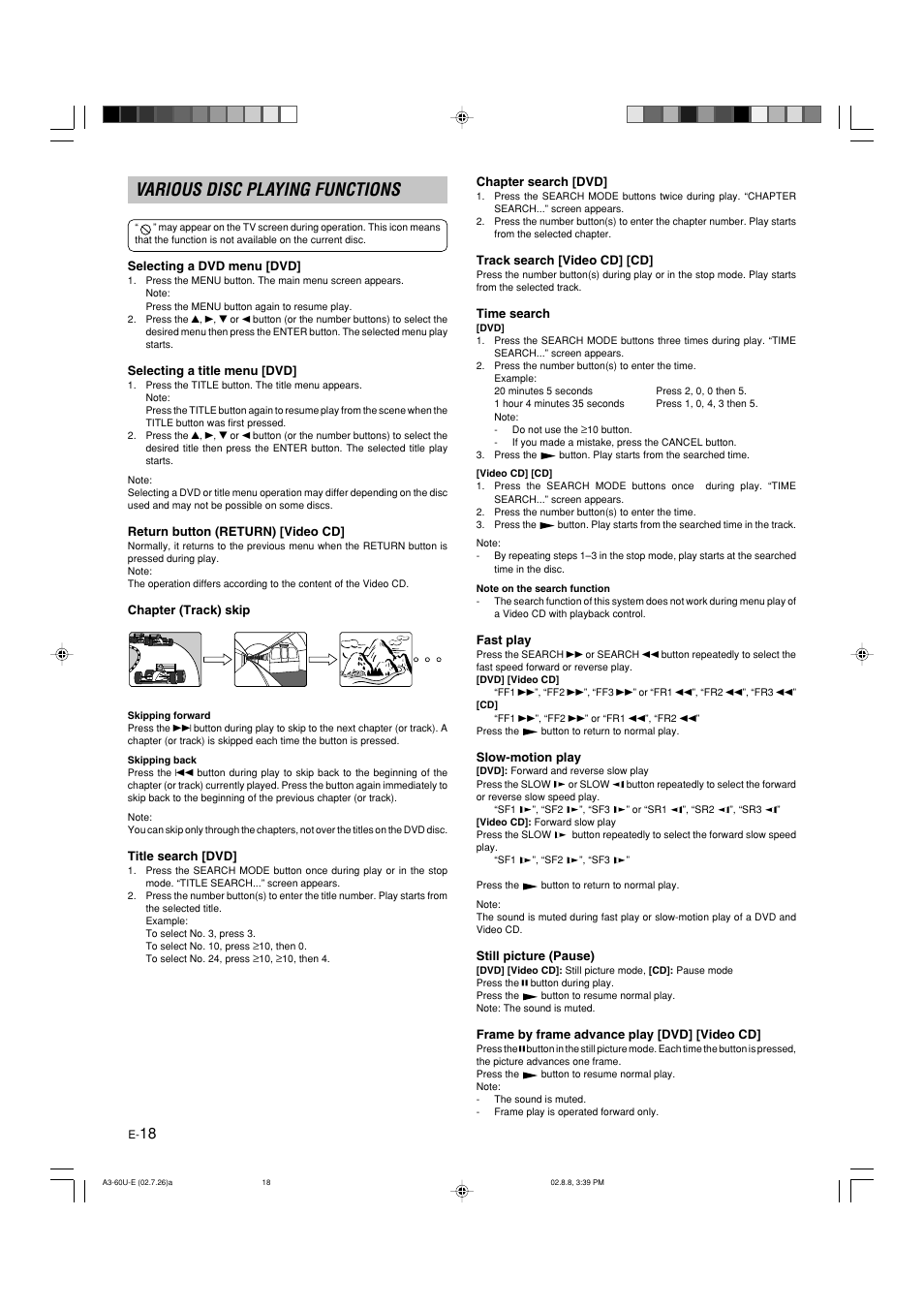 Various disc playing functions, Selecting a dvd menu [dvd, Selecting a title menu [dvd | Return button (return) [video cd, Chapter (track) skip, Title search [dvd, Chapter search [dvd, Track search [video cd] [cd, Time search, Fast play | Yamaha DVX-S60 User Manual | Page 22 / 31