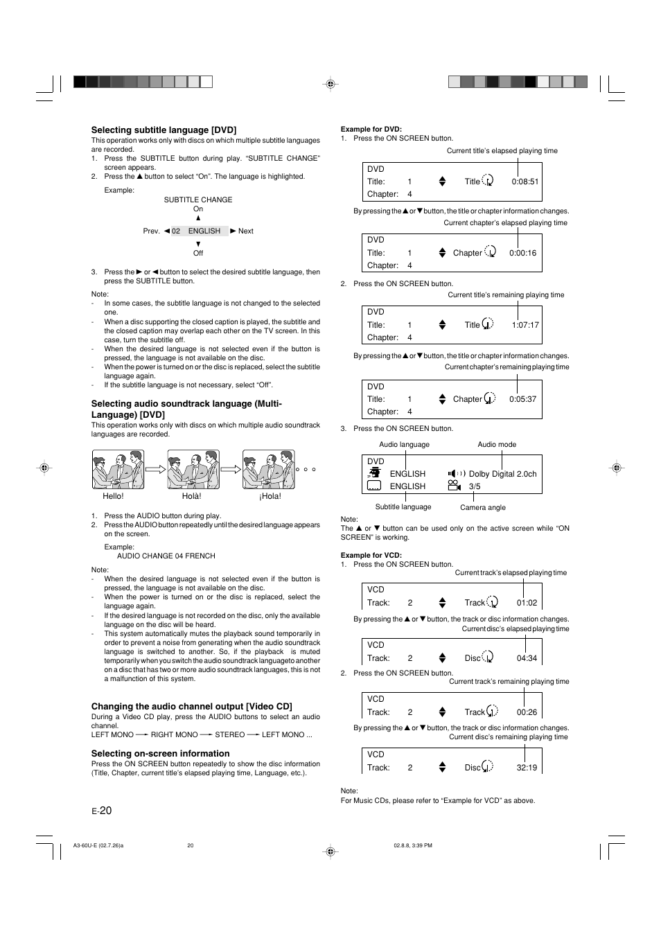 Selecting subtitle language [dvd, Changing the audio channel output [video cd | Yamaha DVX-S60 User Manual | Page 24 / 31