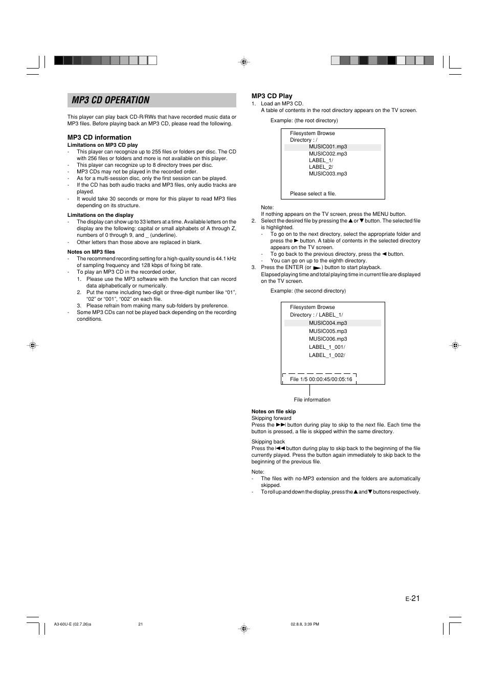 Mp3 cd operation, Mp3 cd information, Mp3 cd play | Yamaha DVX-S60 User Manual | Page 25 / 31