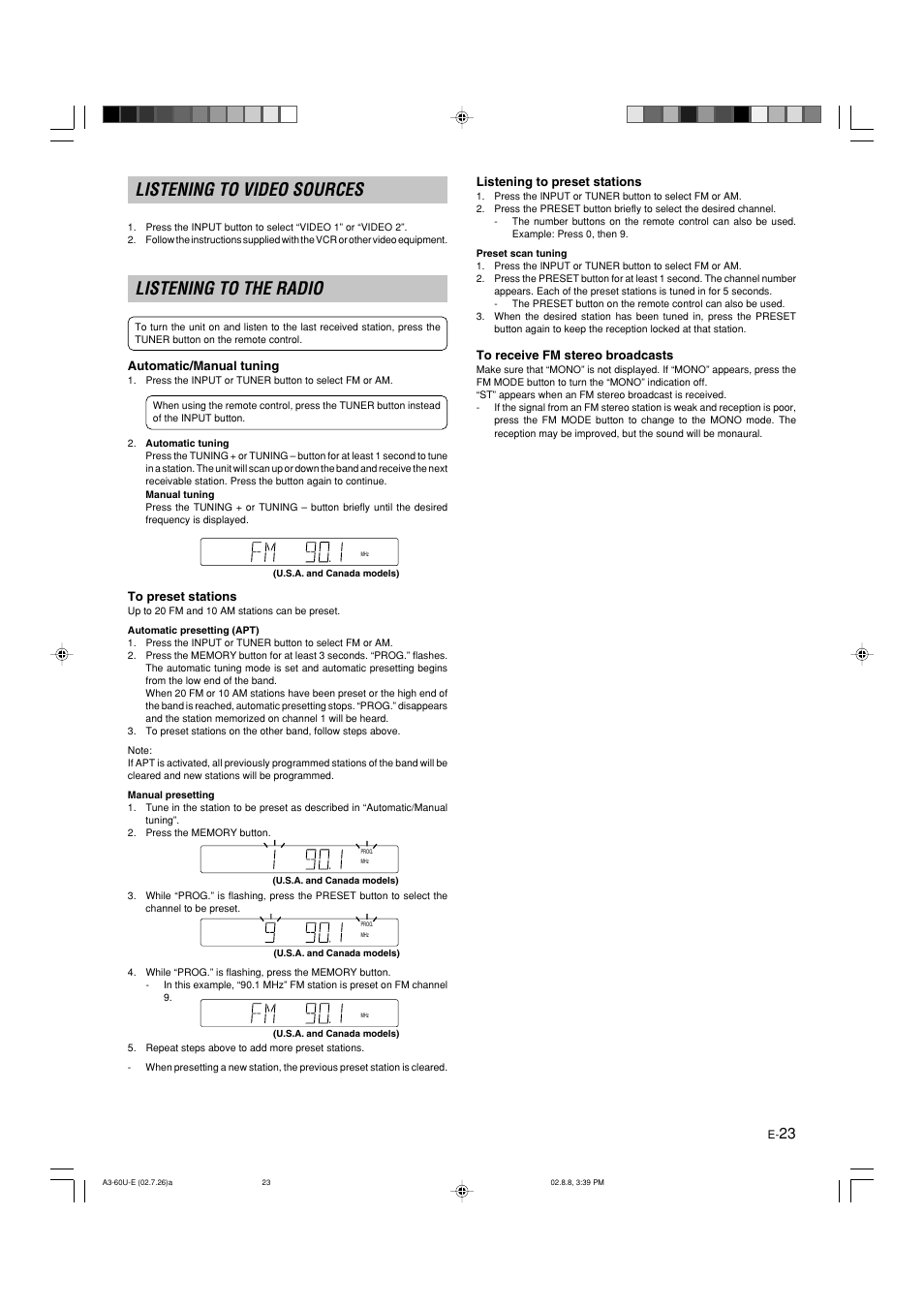 Listening to video sources, Listening to the radio, Automatic/manual tuning | To preset stations, To receive fm stereo broadcasts | Yamaha DVX-S60 User Manual | Page 27 / 31