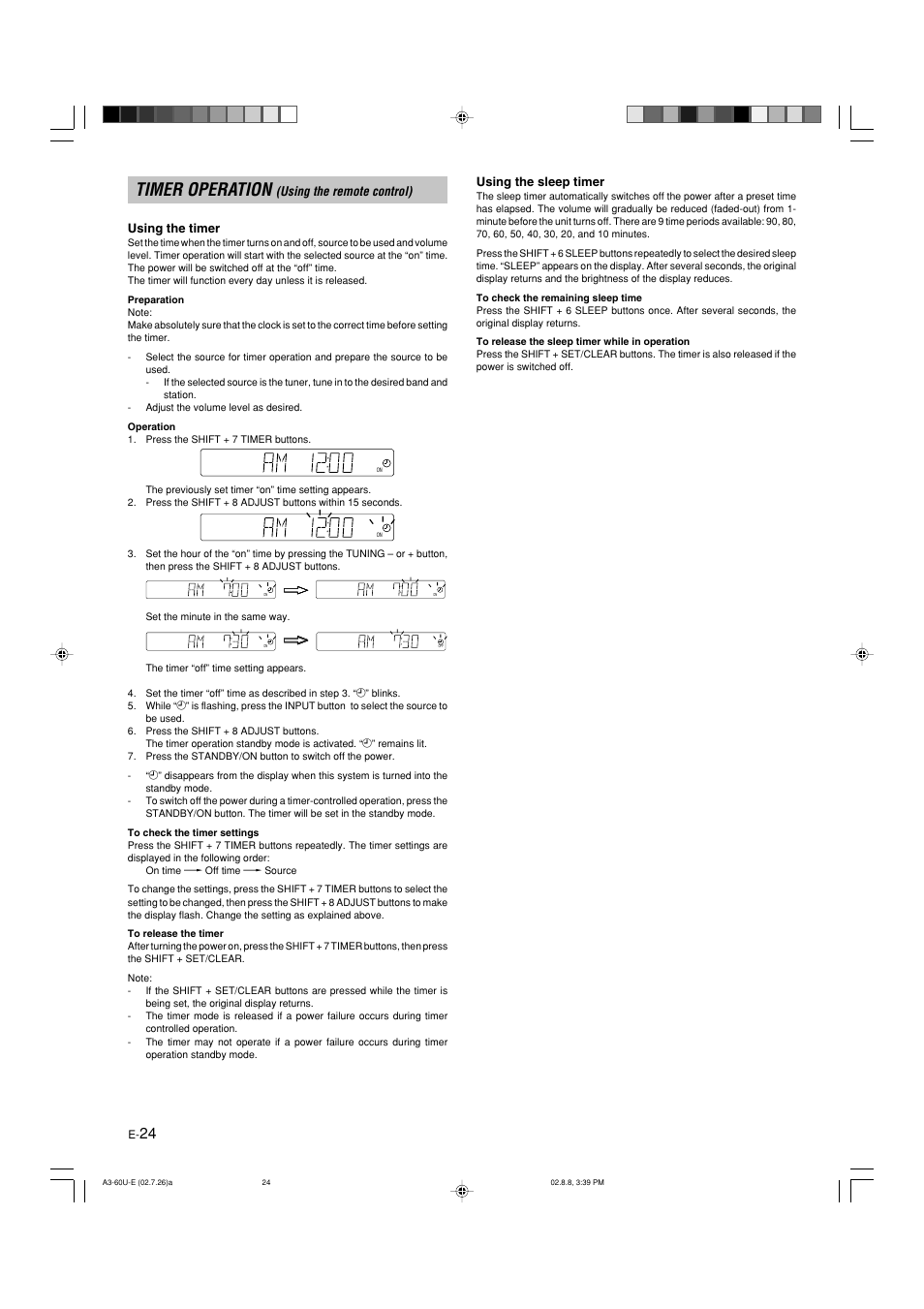 Timer operation, Using the timer, Using the sleep timer | Yamaha DVX-S60 User Manual | Page 28 / 31