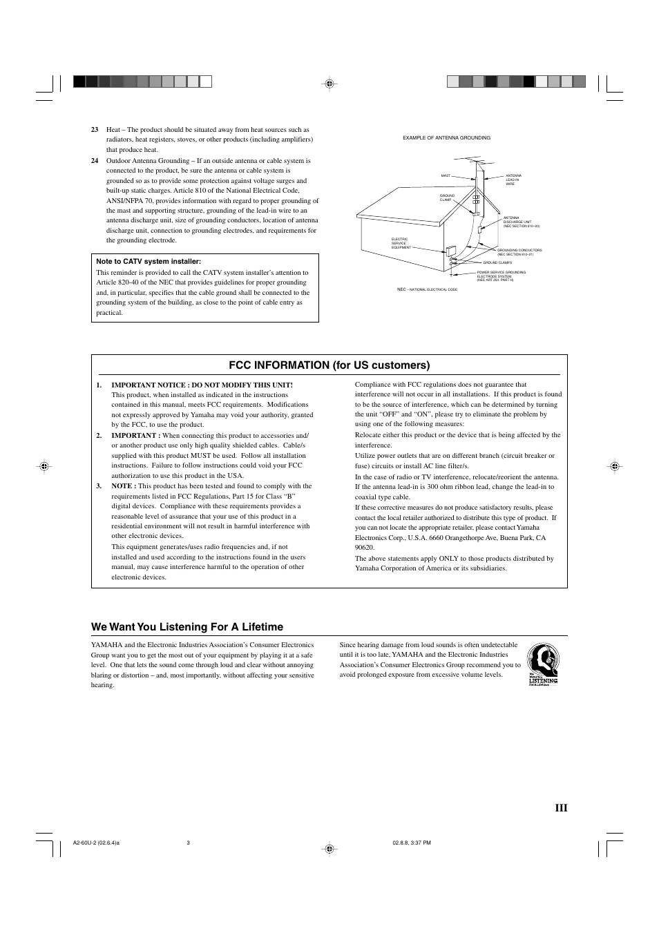 Fcc information (for us customers), We want you listening for a lifetime | Yamaha DVX-S60 User Manual | Page 3 / 31