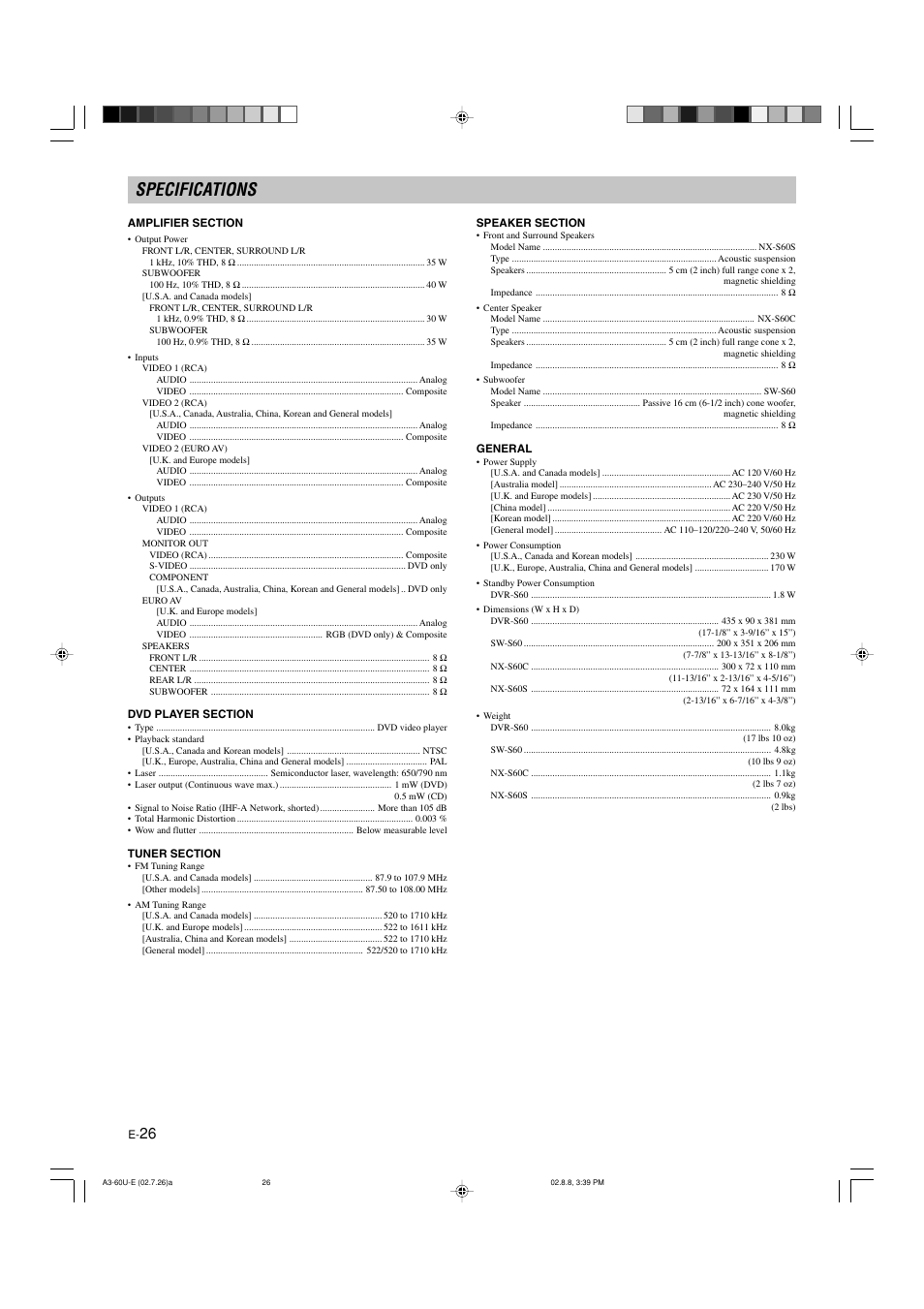 Specifications | Yamaha DVX-S60 User Manual | Page 30 / 31