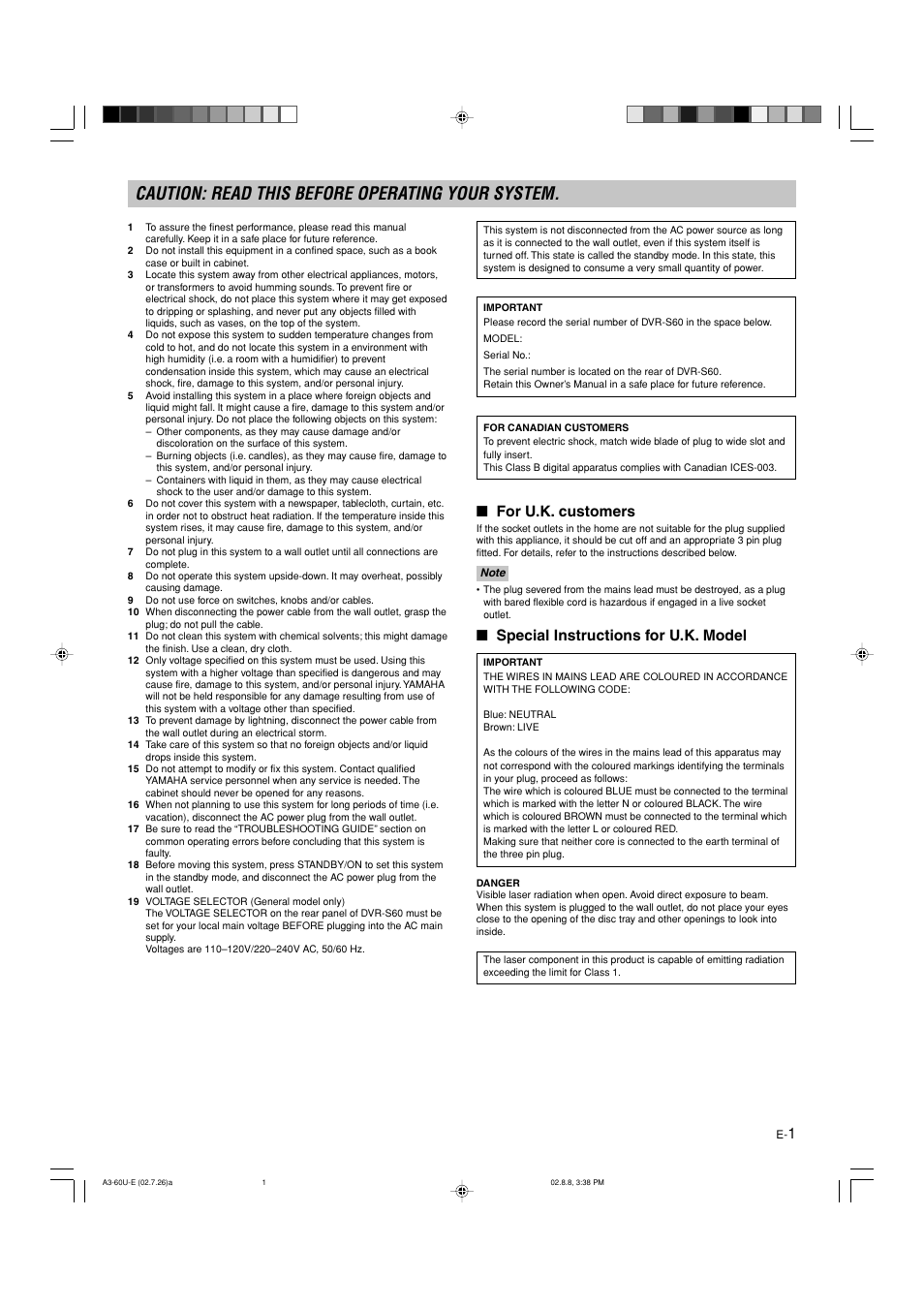 Caution, Caution: read this before operating your system, For u.k. customers | Special instructions for u.k. model | Yamaha DVX-S60 User Manual | Page 5 / 31