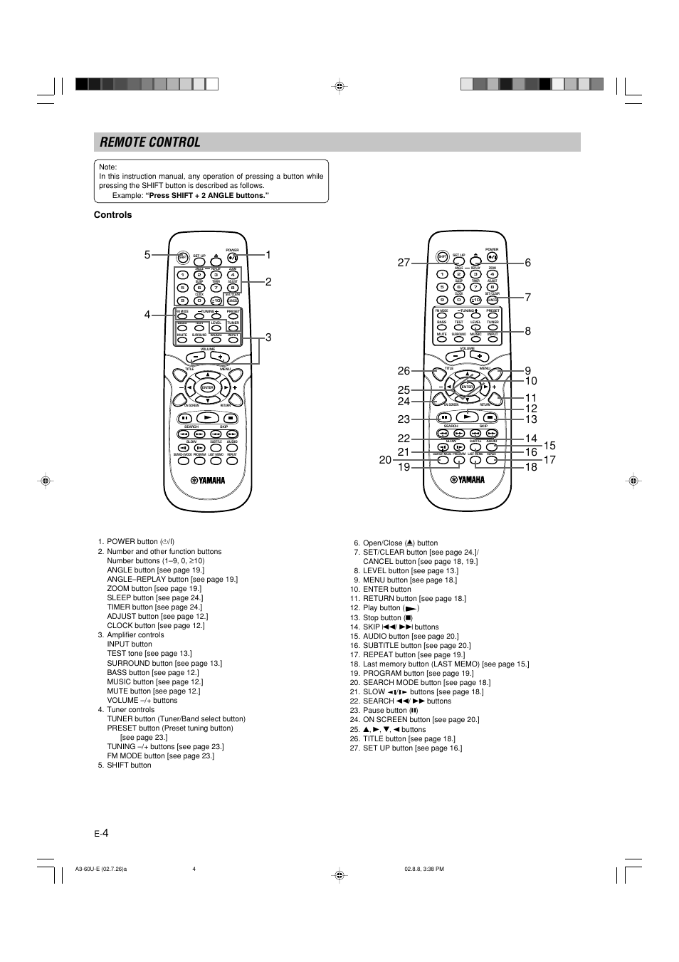 Remote control, Controls | Yamaha DVX-S60 User Manual | Page 8 / 31