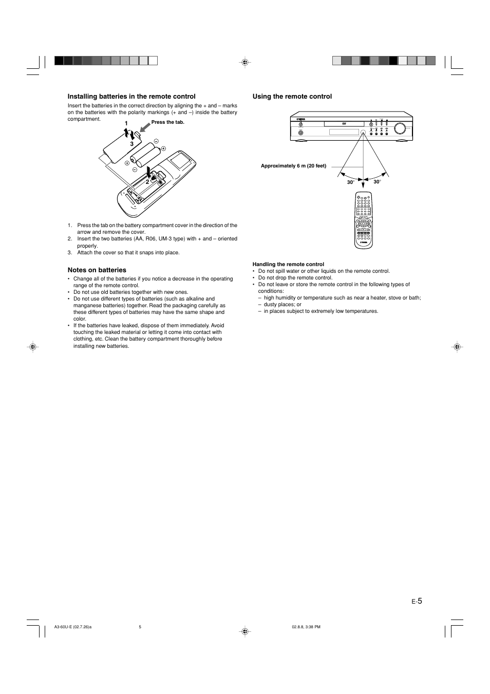 Installing batteries in the remote control, Using the remote control | Yamaha DVX-S60 User Manual | Page 9 / 31