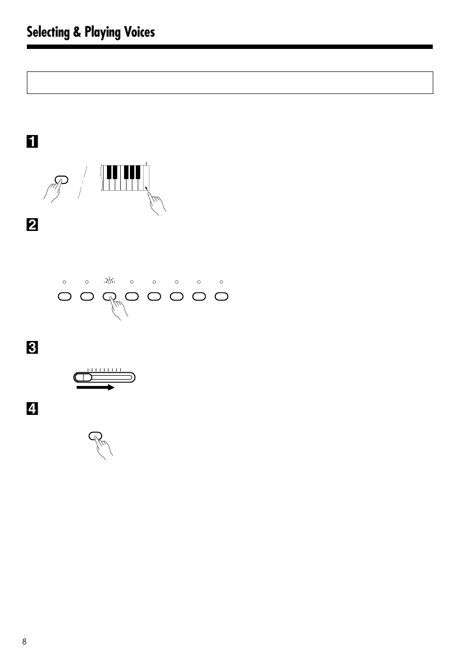 Playing the demonstration tunes, Selecting & playing voices, Engage the demo mode | Select a demo tune, Set the volume, Stop the demo | Yamaha CLP-123 User Manual | Page 8 / 30