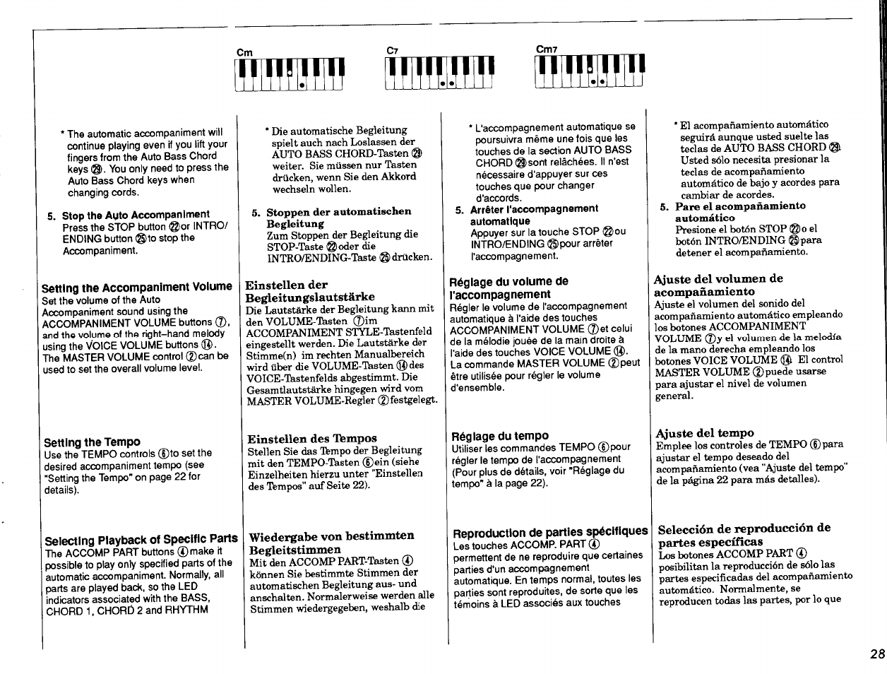 Stop the auto accompaniment, Setting the accompaniment volume, Setting the tempo | Selecting playback of specific parts, Arrêter raccompagnement automatique, Réglage du volume de raccompagnement, Réglage du tempo, Reproduction de parties spécifiques | Yamaha Portatone PSR-47 User Manual | Page 29 / 33