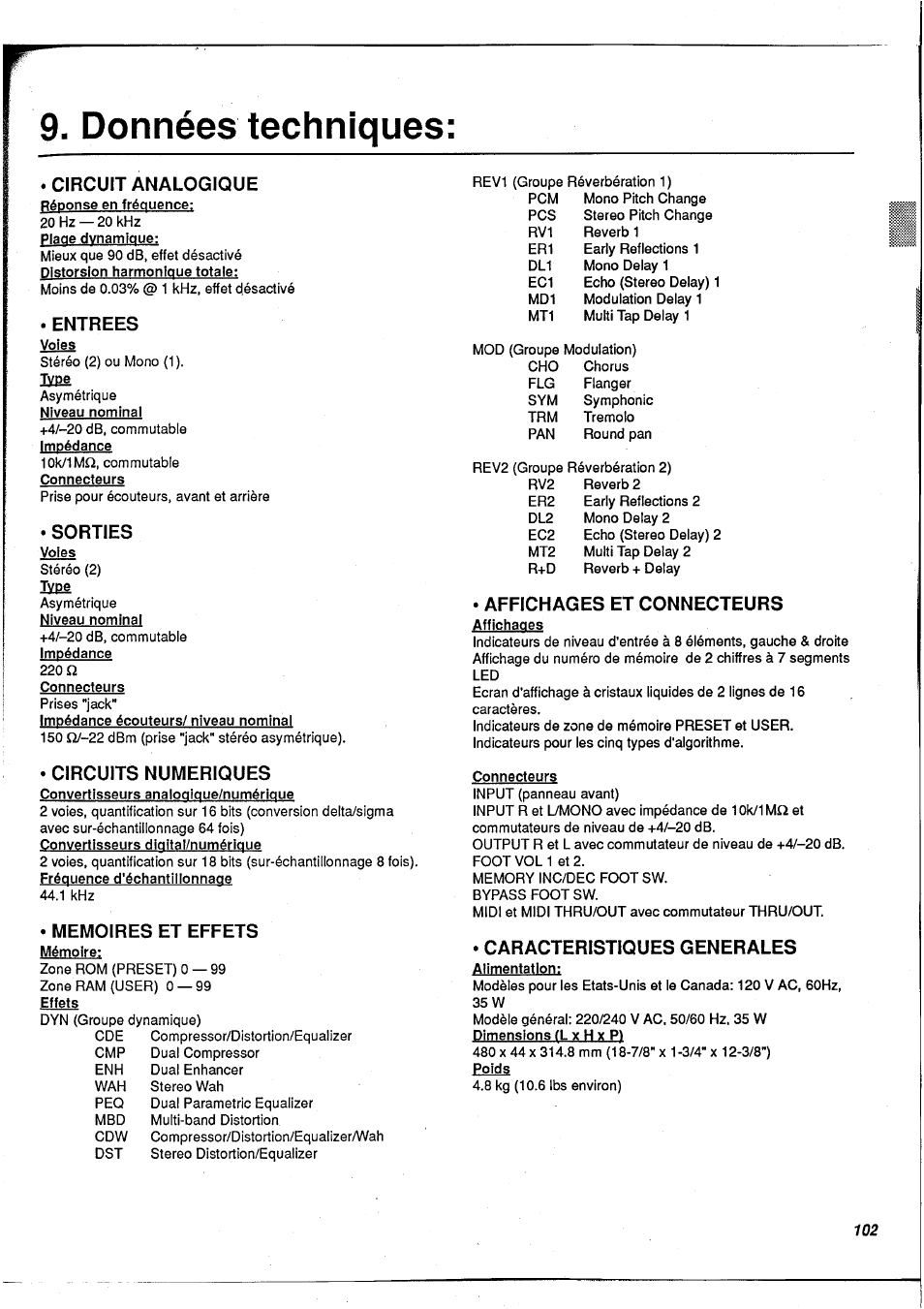 Données techniques, Circuit analogique, Entrees | Sorties, Circuits numeriques, Affichages et connecteurs, Caracteristiques generales | Yamaha FX900 User Manual | Page 103 / 176