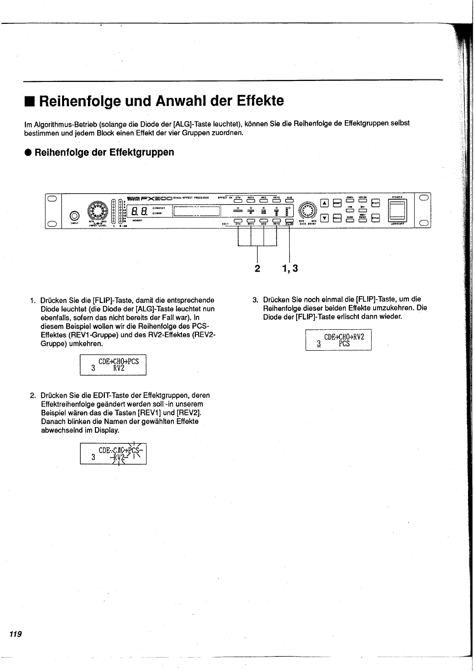 Reihenfolge und anwahl der effekte, Reihenfolge der effektgruppen | Yamaha FX900 User Manual | Page 120 / 176