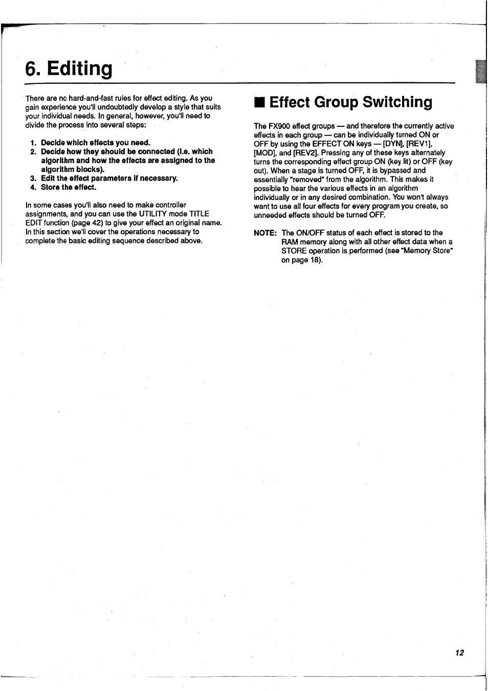 Editing, Effect group switching | Yamaha FX900 User Manual | Page 13 / 176