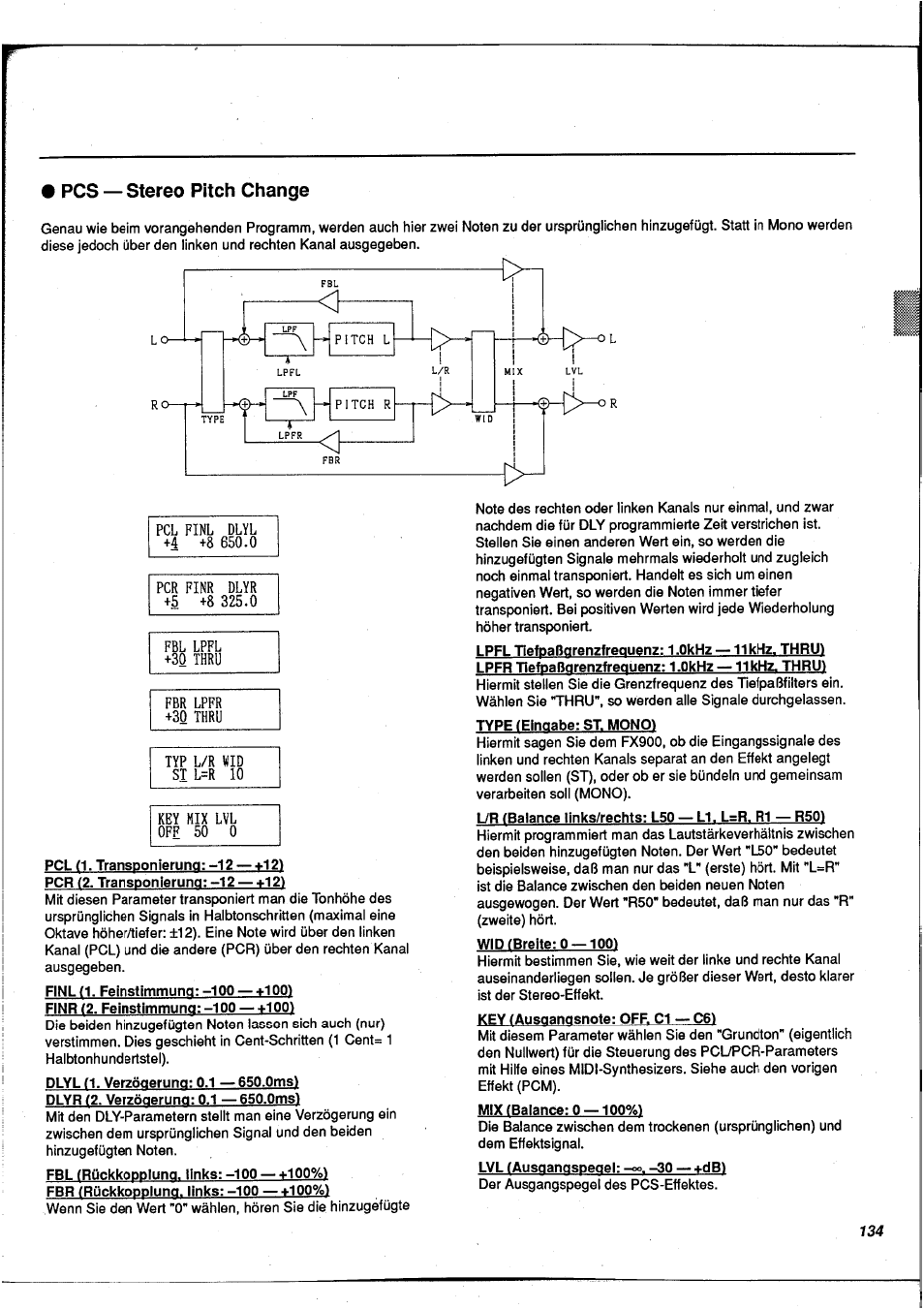 Pcs — stereo pitch change, Pcs - stereo pitch change | Yamaha FX900 User Manual | Page 135 / 176