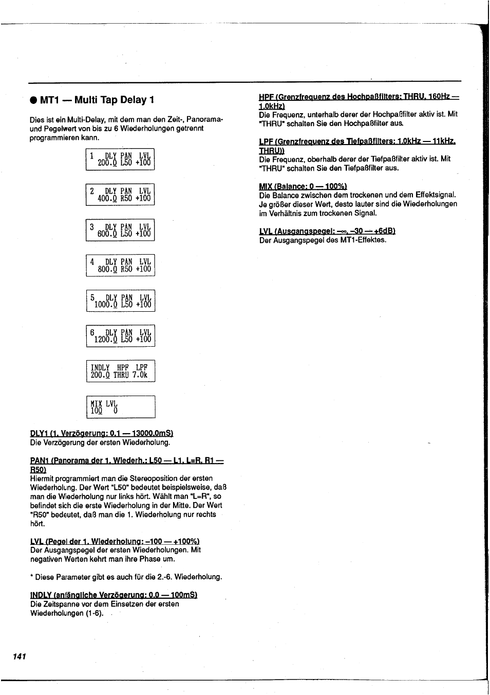 Mt1 — multi tap delay 1, Mt1 - multi tap delay 1 | Yamaha FX900 User Manual | Page 142 / 176