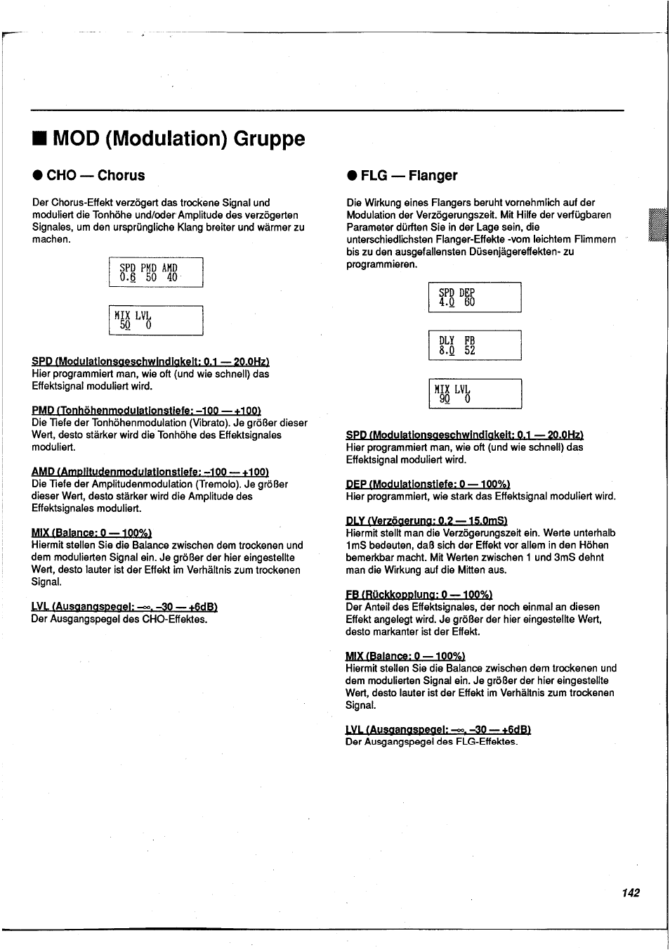 Mod (modulation) gruppe, Flg — flanger, Flg - flanger | Сно — chorus flg — flanger | Yamaha FX900 User Manual | Page 143 / 176