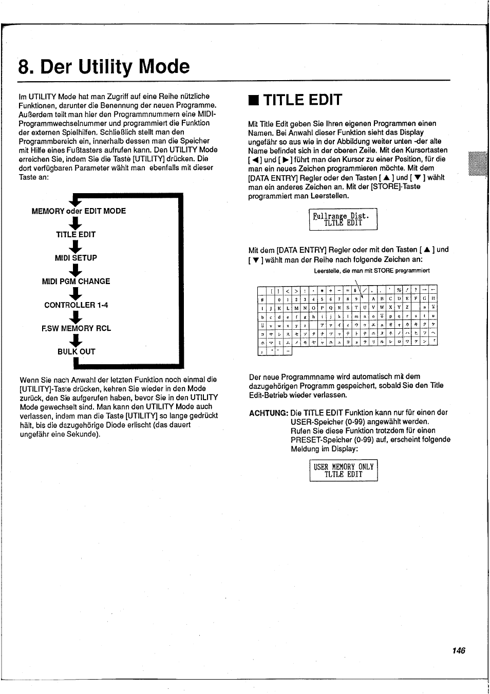 Der utility mode, Title edit, A[ t | Eullrange dist. tltle edit, Edit mode, Mit dem [data entry] regler oder mit den tasten, Wählt man der reihe nach folgende zeichen an | Yamaha FX900 User Manual | Page 147 / 176