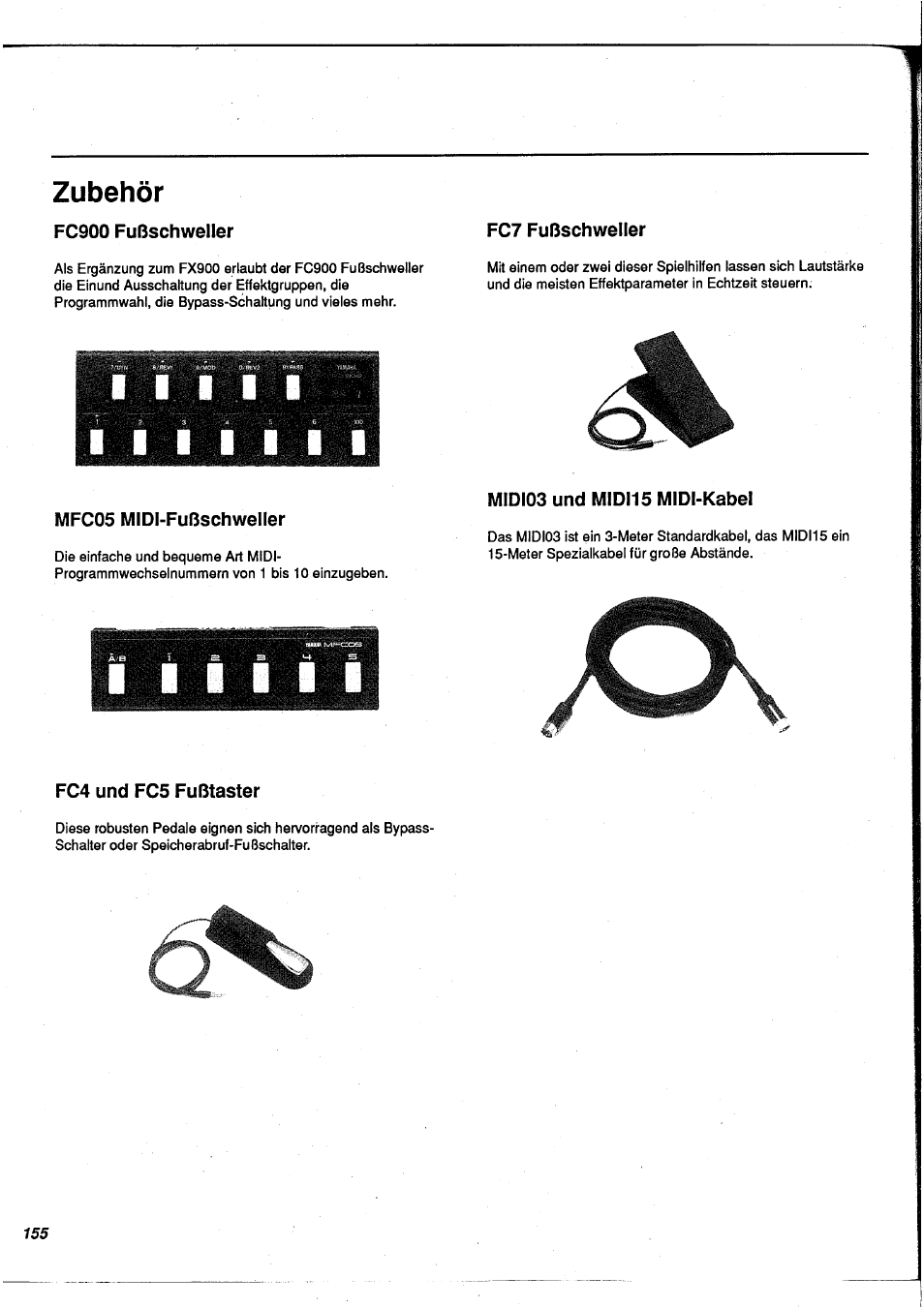 Zubehör, Fc900 fußschweller, Fc7 fußschweller | Mfc05 midi-fußschweller, Midi03 und midi15 midi-kabel, Fc4 und fc5 fußtaster | Yamaha FX900 User Manual | Page 156 / 176