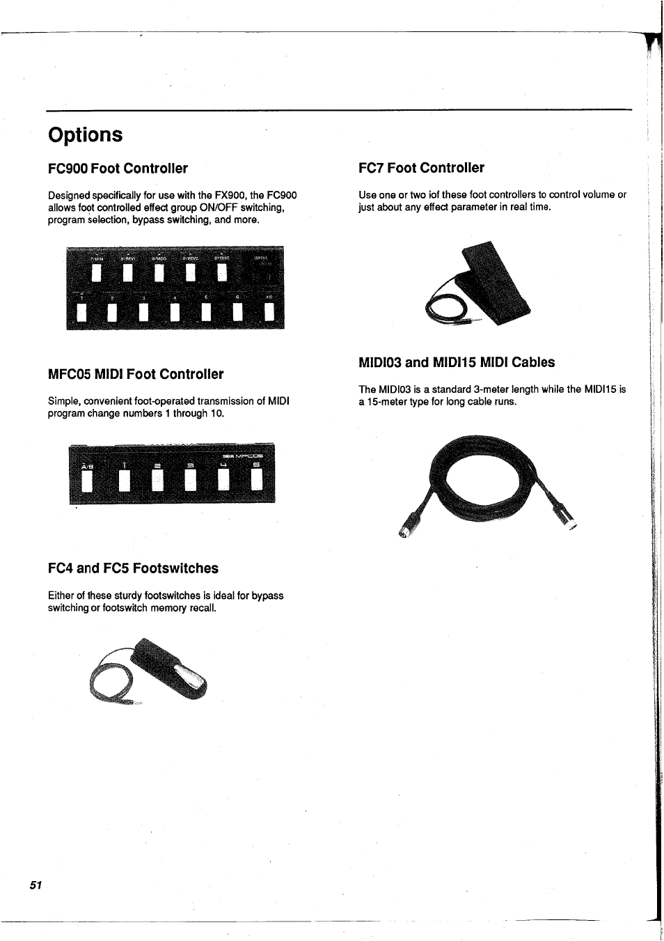 Options, Fc900 foot controller, Fc7 foot controller | Mfc05 midi foot controller, Midi03 and midi15 midi cables, Fc4 and fc5 footswitches | Yamaha FX900 User Manual | Page 52 / 176