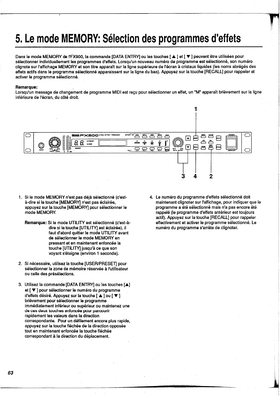 Le mode memory: sélection des programmes d'effets | Yamaha FX900 User Manual | Page 64 / 176