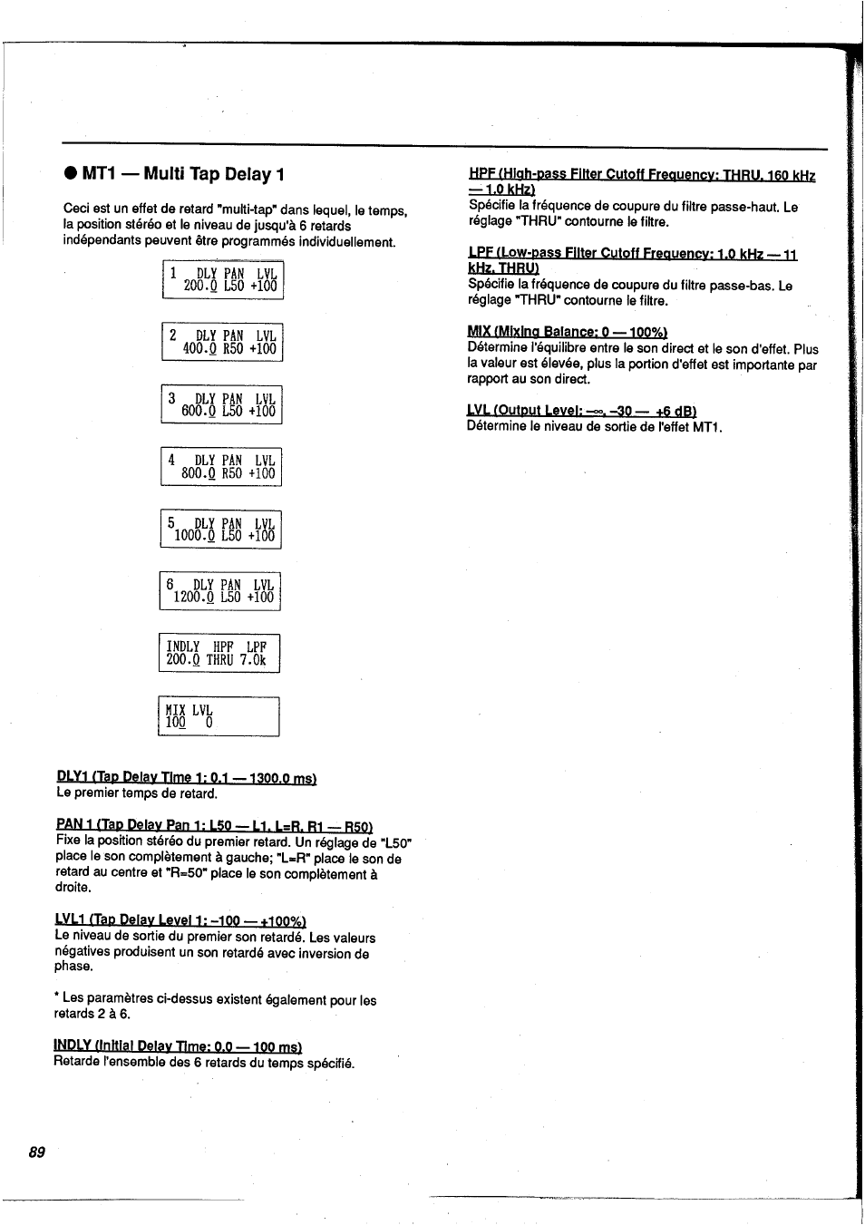 Mt1 — multi tap delay 1, Mt1 - multi tap delay 1, L.pkhz | Yamaha FX900 User Manual | Page 90 / 176