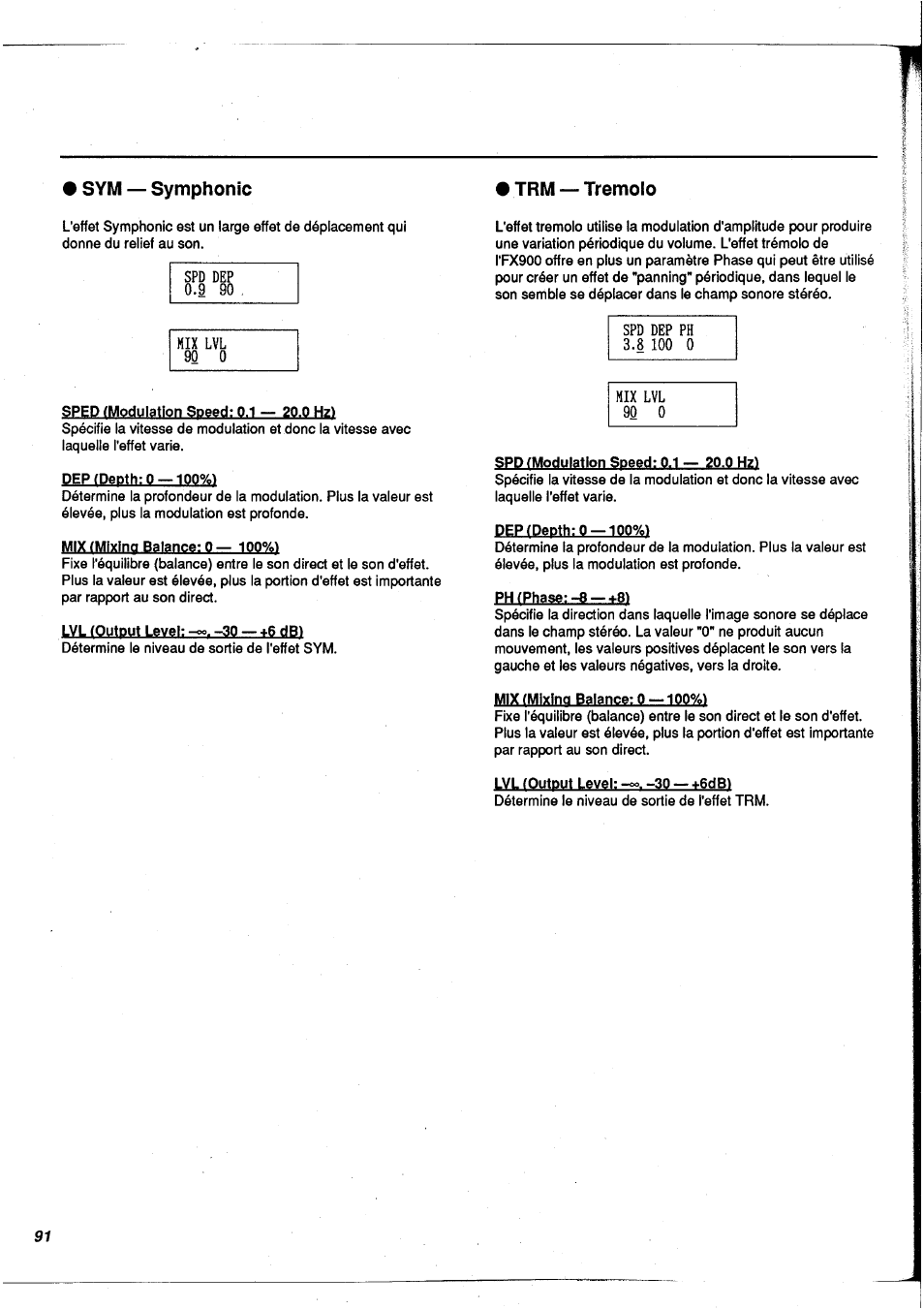 Sym — symphonic, Sym - symphonic, Sym — symphonic trm — tremolo | Yamaha FX900 User Manual | Page 92 / 176