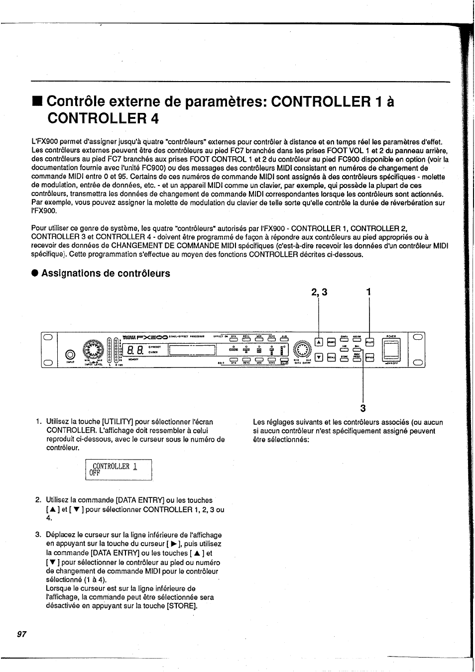 Assignations de contrôieurs, Assignations des contrôleurs, Controller 1 off | Yamaha FX900 User Manual | Page 98 / 176