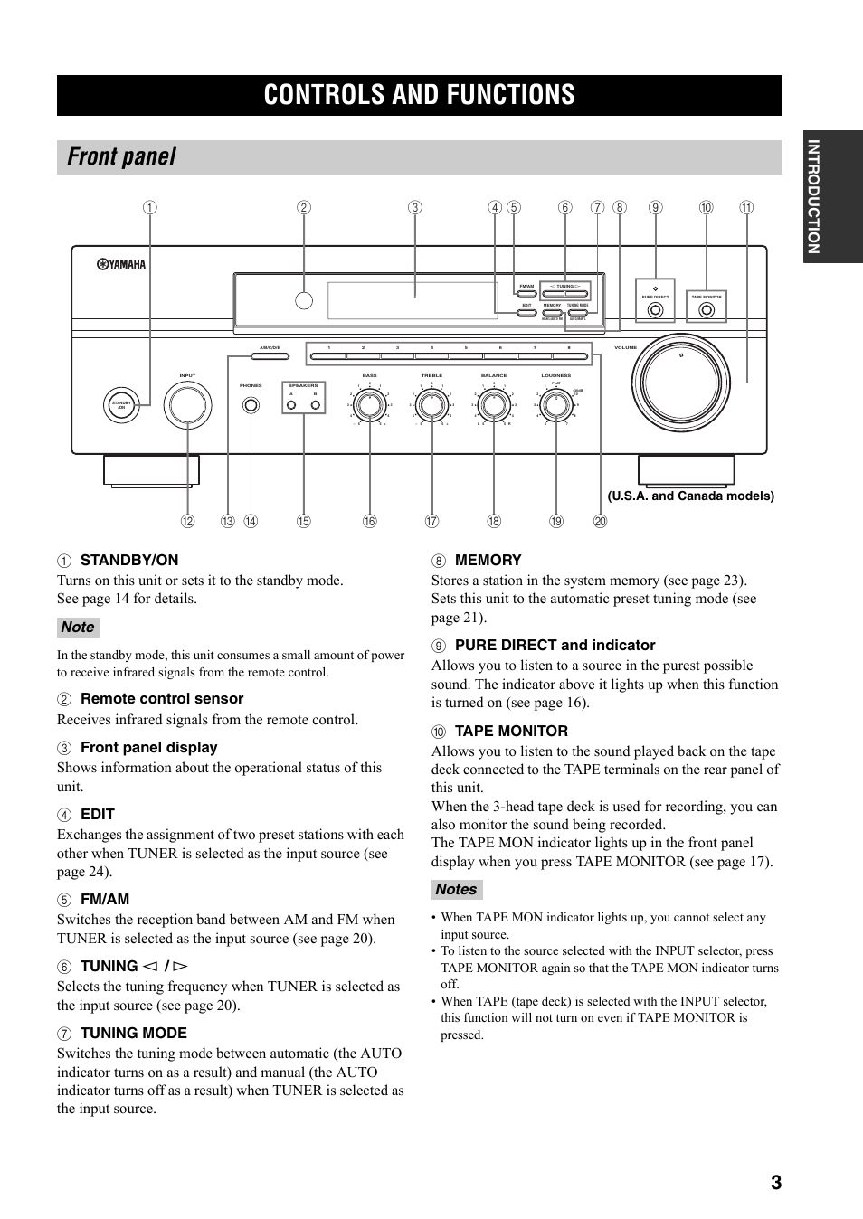 Controls and functions, Front panel, U.s.a. and canada models) | Yamaha RX-397 User Manual | Page 7 / 37
