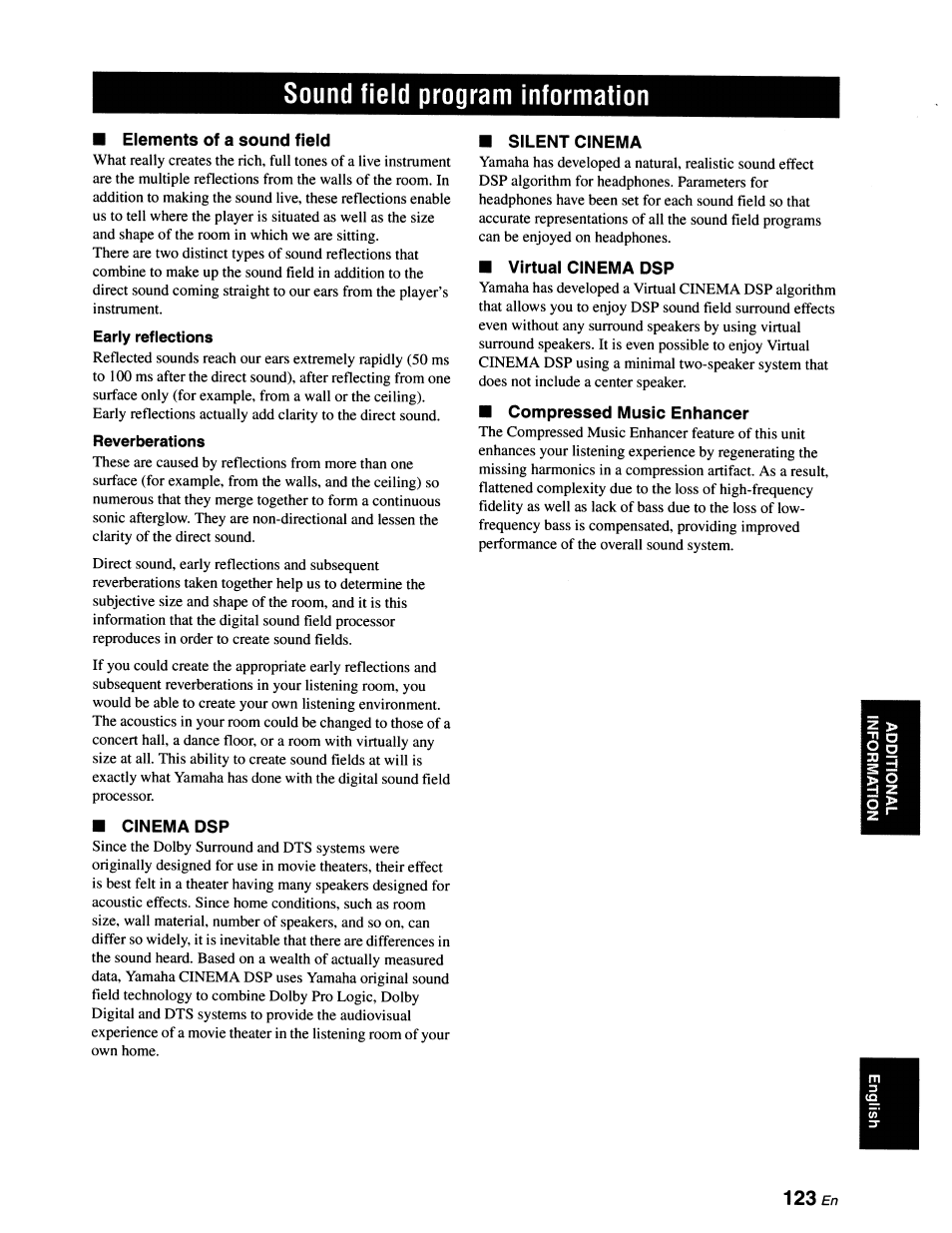 Sound field program information, Elements of a sound field, Early reflections | Reverberations, Cinema dsp, Silent cinema, Virtual cinema dsp, Compressed music enhancer, 123 en | Yamaha RX-V663 User Manual | Page 127 / 151