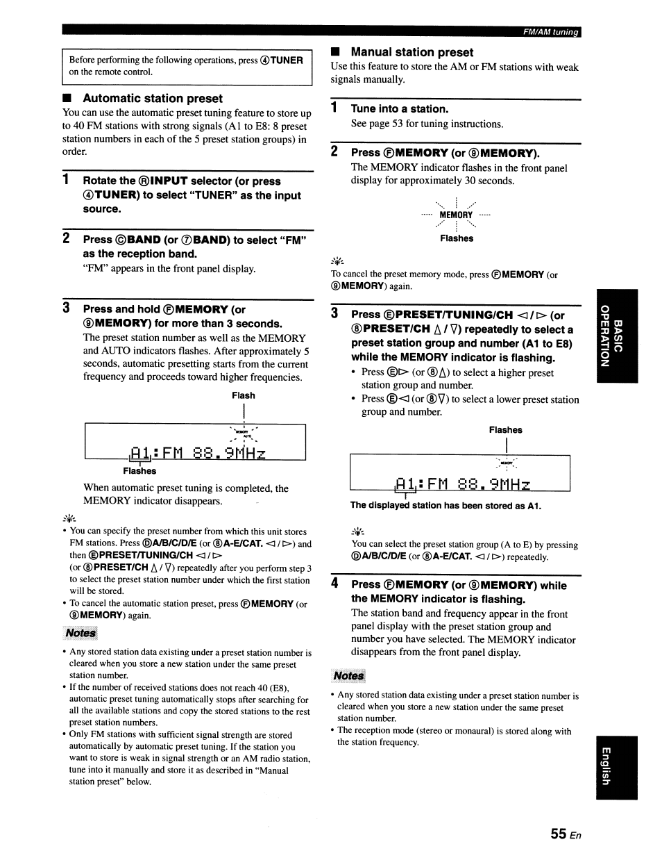 Automatic station preset, Atofes, Manual station preset | 2 press ©memory (or ©memory) | Yamaha RX-V663 User Manual | Page 59 / 151