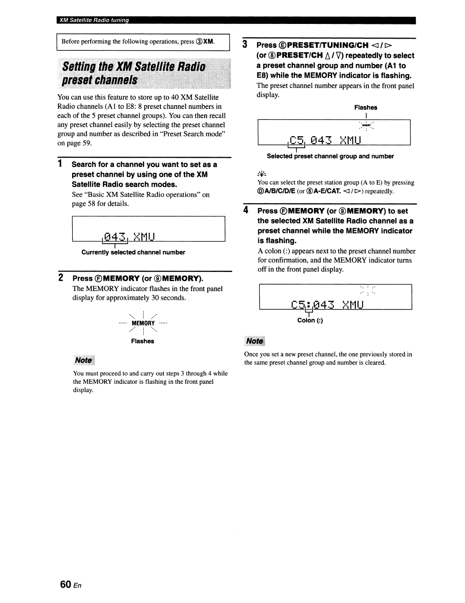 Setting the xm satellite radio preset channels, C5,;.043 xmu, Note | Yamaha RX-V663 User Manual | Page 64 / 151