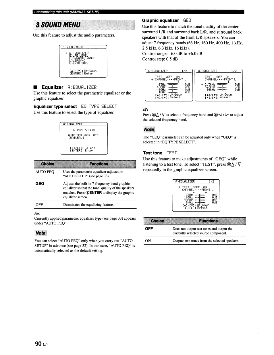 3 sound menu, Equalizer h>equnlizer, Equalizer type select eq tvpe select | Graphic equaiizer geq, Note, Test tone test, Klilfc, Use this feature to select the type of equalizer, Vrepeatedly in the graphic equalizer screen | Yamaha RX-V663 User Manual | Page 94 / 151