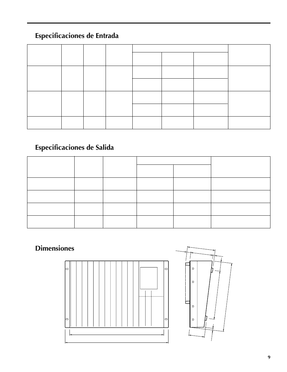 Especificaciones de entrada, Especificaciones de salida, Dimensiones | Yamaha MM1242 User Manual | Page 48 / 50