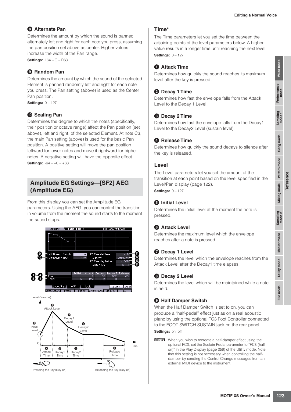 Amplitude eg settings—[sf2] aeg (amplitude eg), Time, Level | 8 alternate pan, 9 random pan, Scaling pan, 1 attack time, 2 decay 1 time, 3 decay 2 time, 4 release time | Yamaha MOTIF XS7  EN User Manual | Page 123 / 320