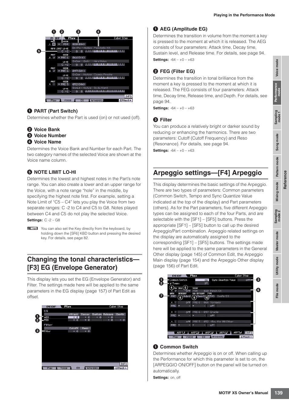 Arpeggio settings-[f4] arpeggio, Arpeggio settings—[f4] arpeggio | Yamaha MOTIF XS7  EN User Manual | Page 139 / 320