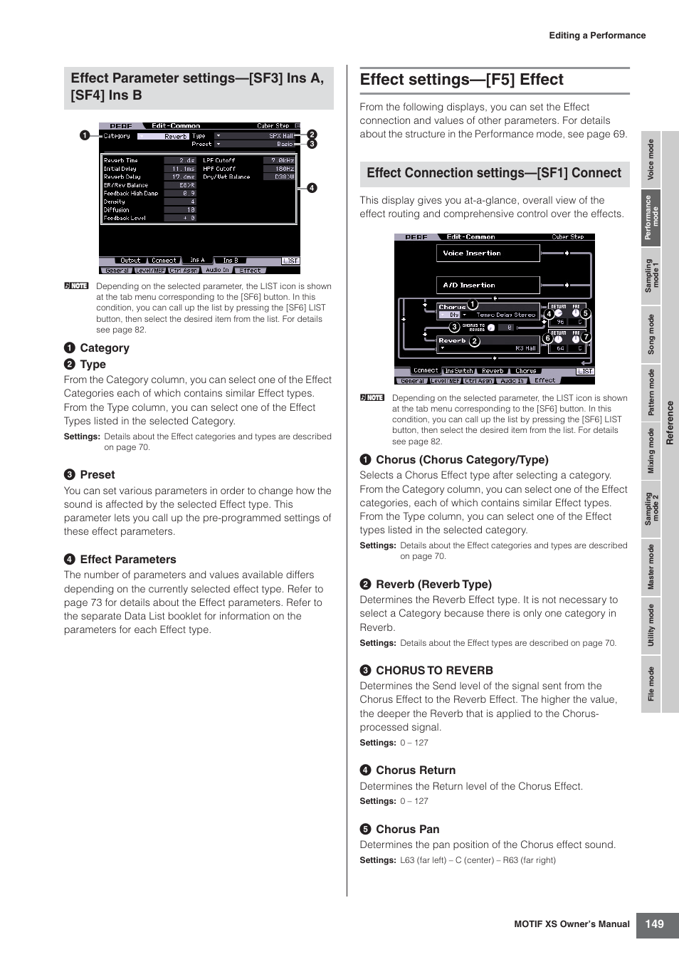 Effect settings-[f5] effect, Effect settings—[f5] effect, Effect parameter settings—[sf3] ins a, [sf4] ins b | Effect connection settings—[sf1] connect | Yamaha MOTIF XS7  EN User Manual | Page 149 / 320