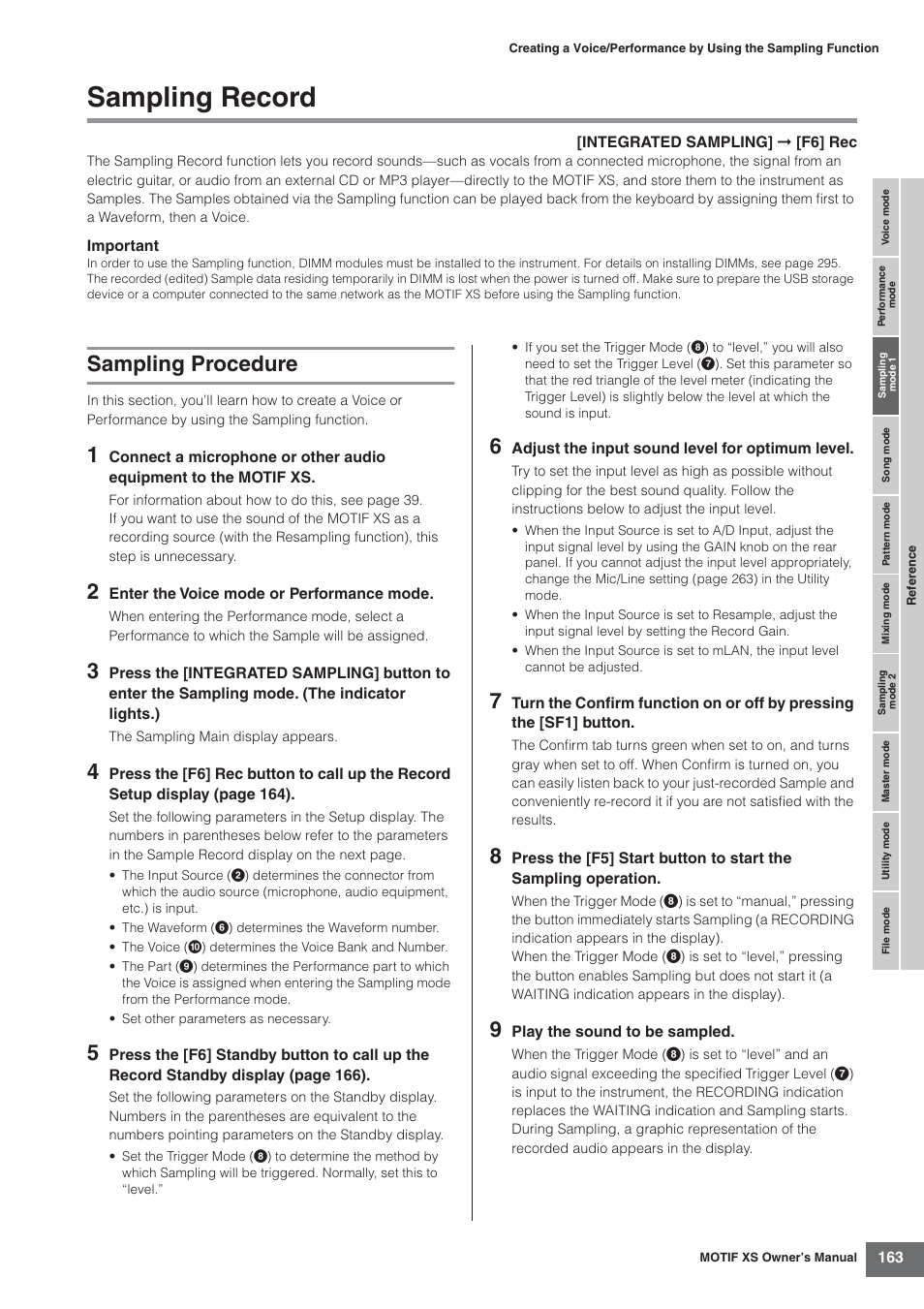 Sampling record, Sampling procedure | Yamaha MOTIF XS7  EN User Manual | Page 163 / 320