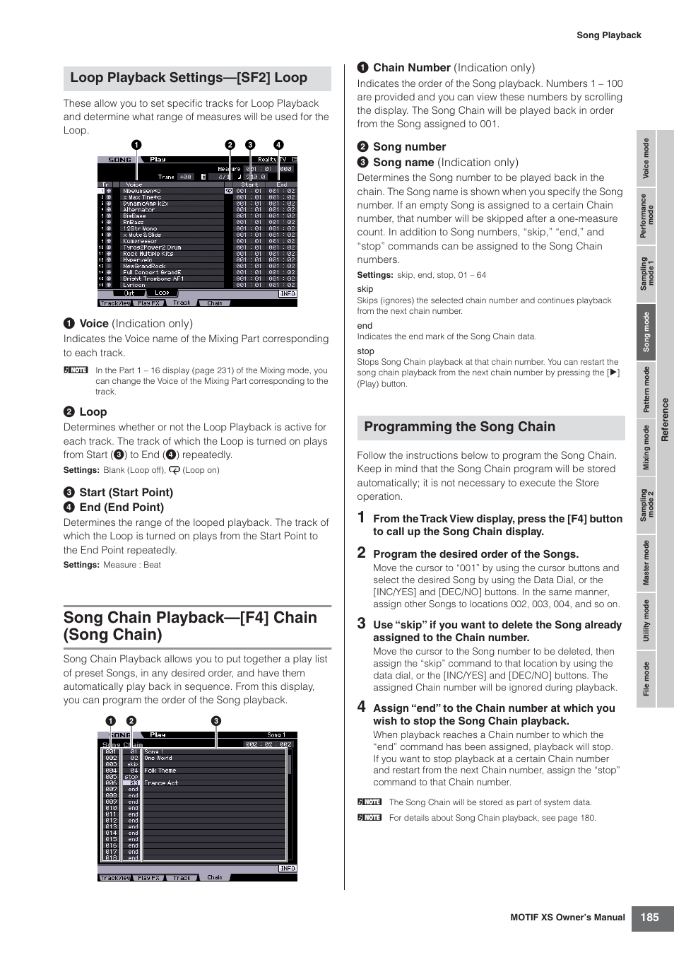 Song chain playback-[f4] chain (song chain), Song chain playback—[f4] chain (song chain), Loop playback settings—[sf2] loop | Programming the song chain | Yamaha MOTIF XS7  EN User Manual | Page 185 / 320