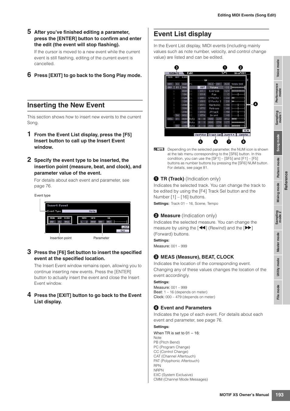 Inserting the new event, Event list display | Yamaha MOTIF XS7  EN User Manual | Page 193 / 320