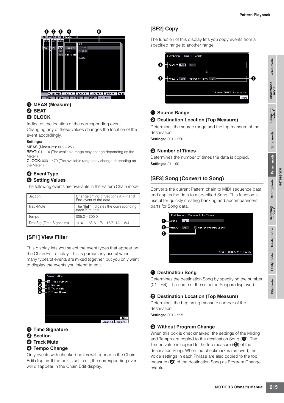 Sf1] view filter, Sf2] copy, Sf3] song (convert to song) | Yamaha MOTIF XS7  EN User Manual | Page 215 / 320