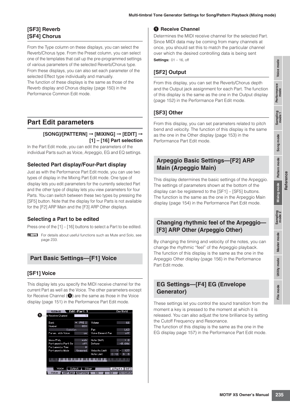 Part edit parameters, Part basic settings—[f1] voice, Sf3] reverb [sf4] chorus | Selected part display/four-part display, Selecting a part to be edited, Sf1] voice, Sf2] output, Sf3] other | Yamaha MOTIF XS7  EN User Manual | Page 235 / 320