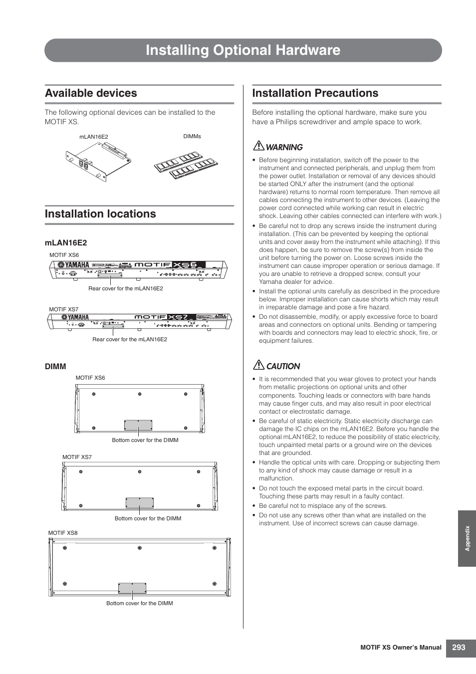 Installing optional hardware, Available devices, Installation locations | Installation precautions | Yamaha MOTIF XS7  EN User Manual | Page 293 / 320