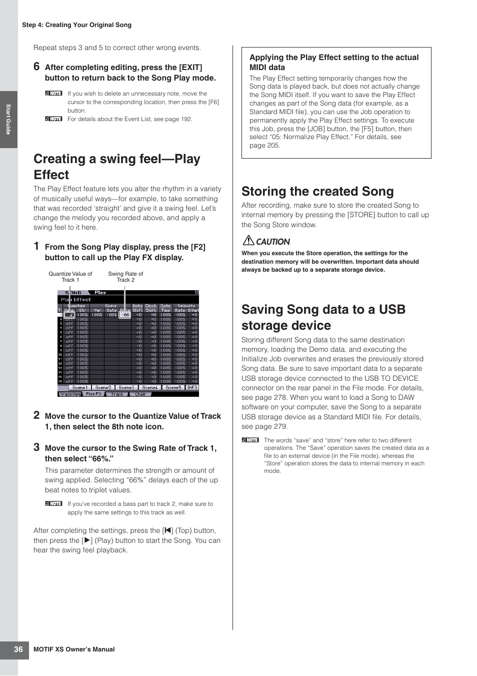 Creating a swing feel-play effect, Storing the created song, Saving song data to a usb storage device | Creating a swing feel—play effect | Yamaha MOTIF XS7  EN User Manual | Page 36 / 320