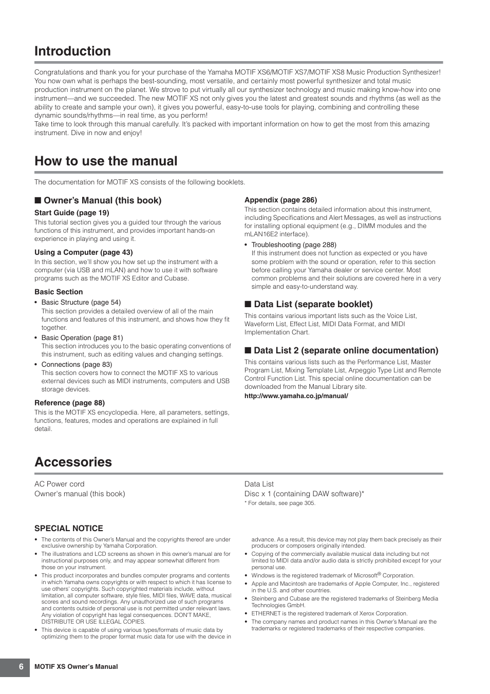 Introduction, How to use the manual, Accessories | Owner’s manual (this book), Data list (separate booklet), Data list 2 (separate online documentation) | Yamaha MOTIF XS7  EN User Manual | Page 6 / 320