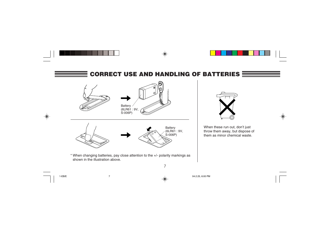 Correct use and handling of batteries | Yamaha Electric Bass User Manual | Page 7 / 9